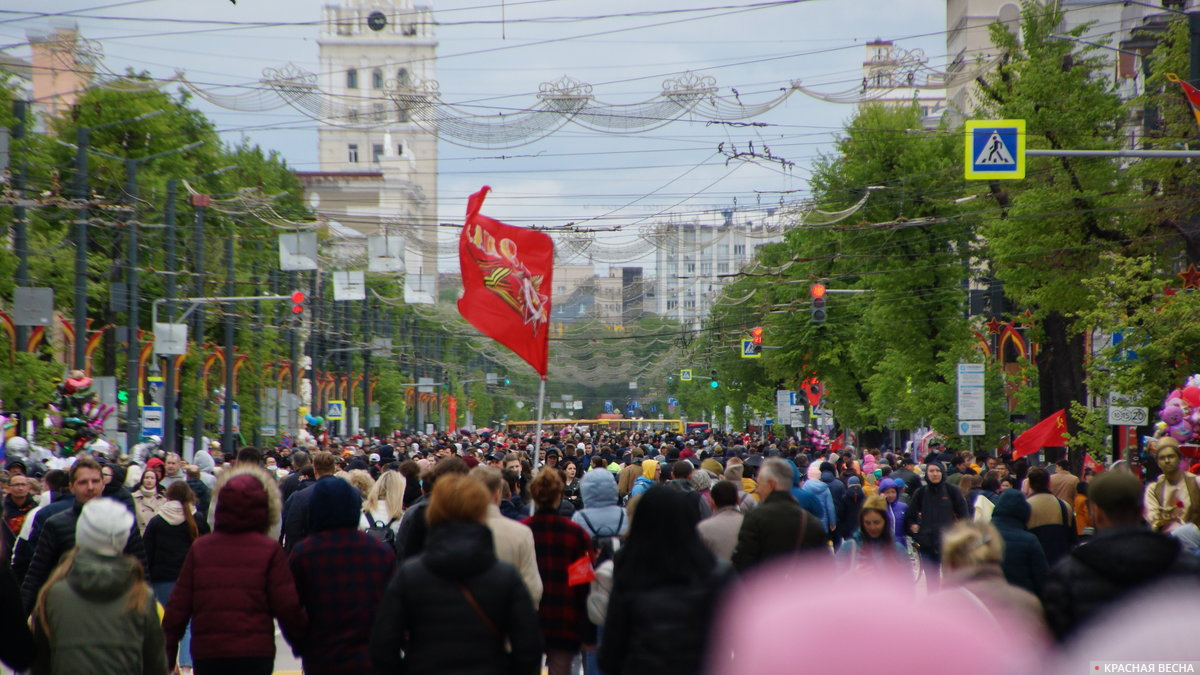 Красные флаги на праздничном шествии по проспекту Революции в Воронеже