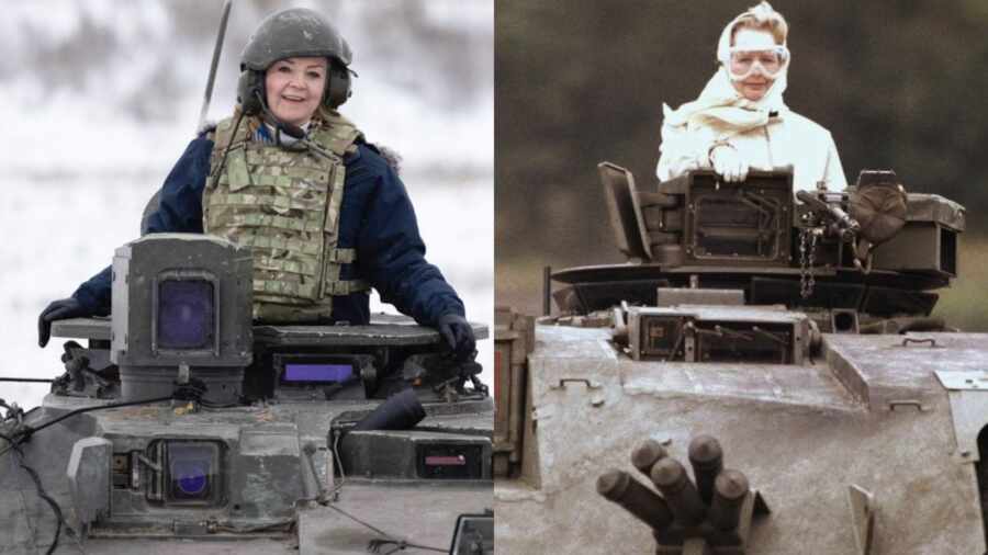 Британский министр иностранных дел Лиз Трасс на танке во время визита в Эстонию, повторяет аналогичный жест в исполнении Маргарет Тэтчер 1986 года