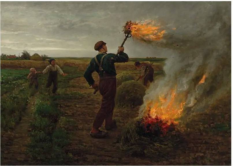 Жюль Бретон. Горящие плевелы на пшеничном поле. 1868