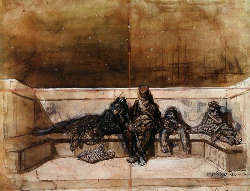 Гюстав Доре. Пара с двумя детьми спит на Лондонском мосту. 1871