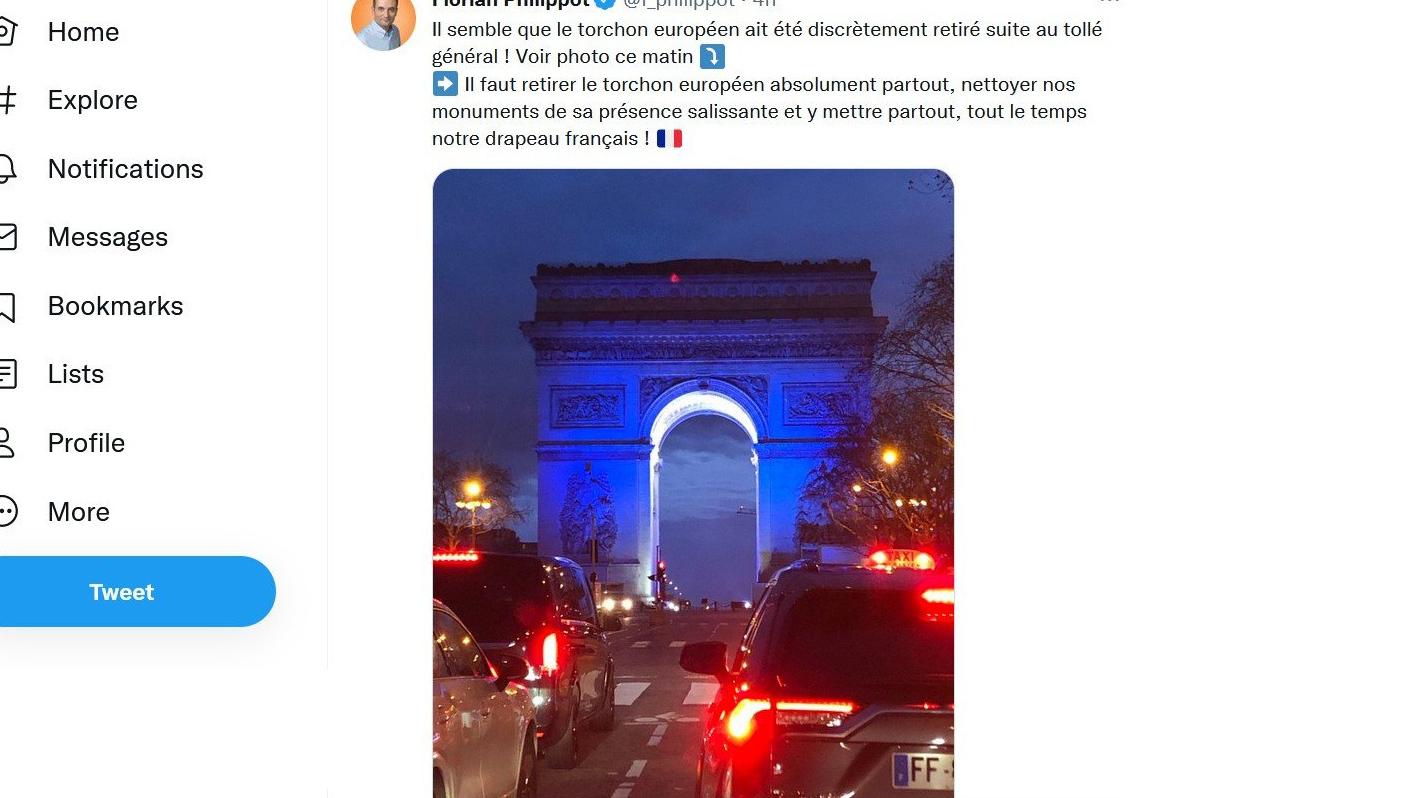 Скриншот страницы Twitter партии «Патриоты» Флориана Филиппот с фотографией Триумфальной арки на площади Этуаль в Париже. Фотография сделана рано утром 2 января 2022 года. На фотографии видно, что под аркой уже нет флага ЕС.