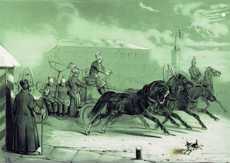 Николай Сверчков. Пожарные в Санкт-Петербурге ночью. 1845