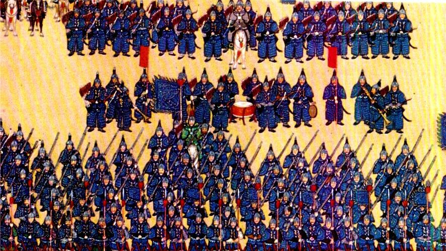 Старожилы синего знамени маршируют перед императором Цяньлуном. XVIII век