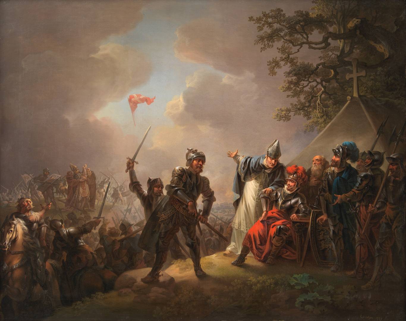 Кристиан Август Лоренцен. Даннеброг, падающий с неба во время битвы при Линданиссе, 15 июня 1219 г. 1809 г.