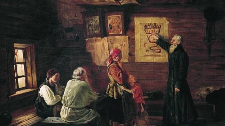 В. В. Пукирев, «Дьячок объясняет крестьянам картину Страшного Суда», 1868