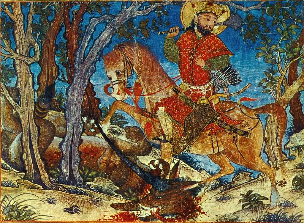 Бахрам Гур, убивший волка. Миниатюра. «Шахнаме Демотта» 1328–1336 годы.