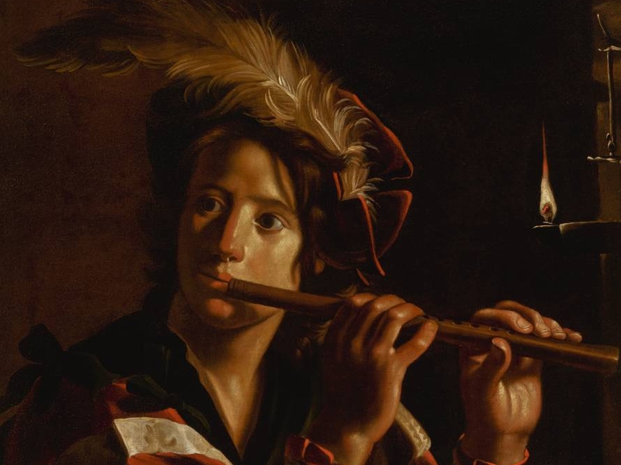 Адам де Костер. Молодой человек играет на флейте при свете свечи (фрагмент). 1600-1643
