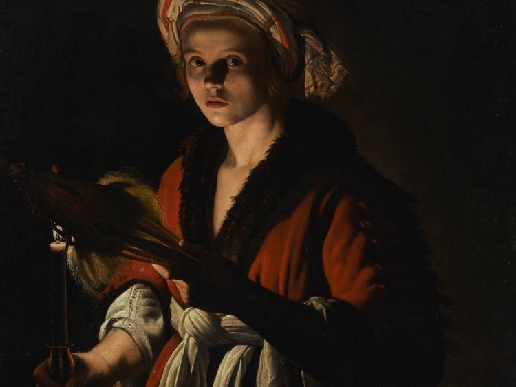 Адам де Костер. Молодая женщина с прялкой у зажженной свечи (фрагмент)