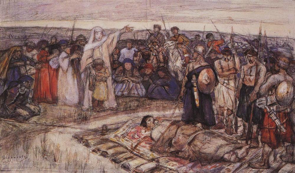 Суриков Василий Иванович. Княгиня Ольга встречает тело князя Игоря. Эскиз. 1915 год.