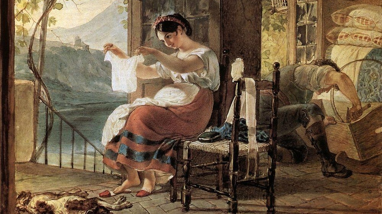 Карл Брюллов. Итальянка, ожидающая ребенка, разглядывает рубашку, муж сколачивает колыбель. 1831