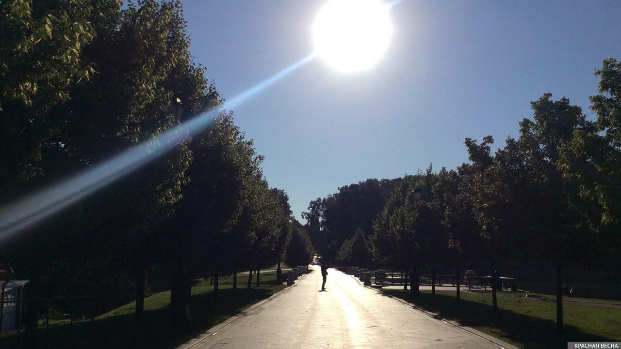 Солнце над пешеходным тротуаром. Парк Царицыно. Москва