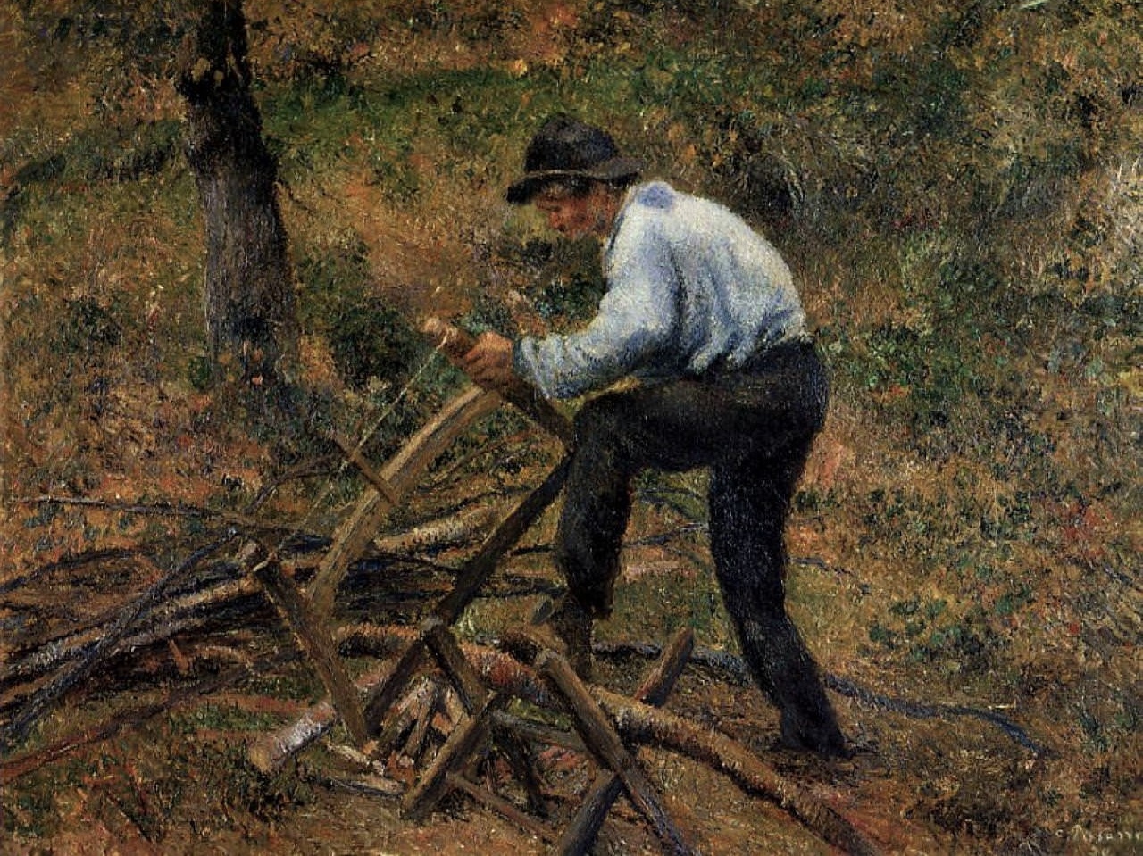 Камиль Писсарро. Папаша Мелон за пилкой дров. 1879