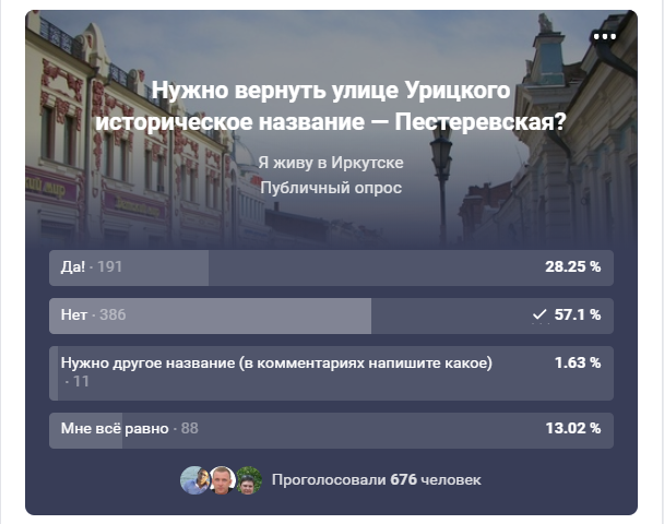 Опрос в группе «Я живу в Иркутске» об отношении к переименованию улицы Урицкого