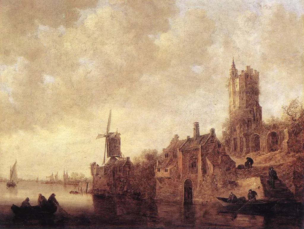 Ян ван Гойен. Речной пейзаж с ветряной мельницей и развалинами замка. 1644