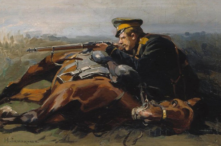 Николай Самокиш. Астраханский казак стреляет из винтовки из-за лежащей лошади. 1900