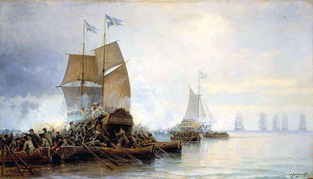 Леонид Блинов. Взятие шведских кораблей в устье Невы.1890
