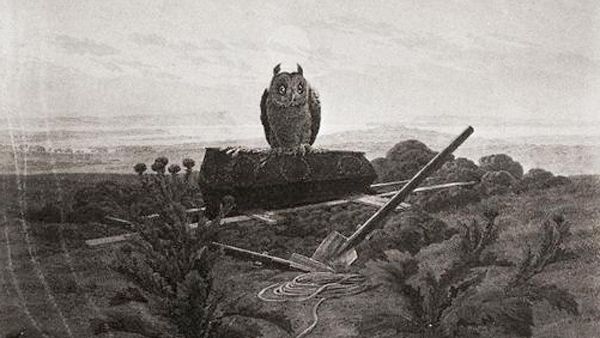 Каспар Давид Фридрих. Пейзаж с совой, гробом и могилой. 1839 