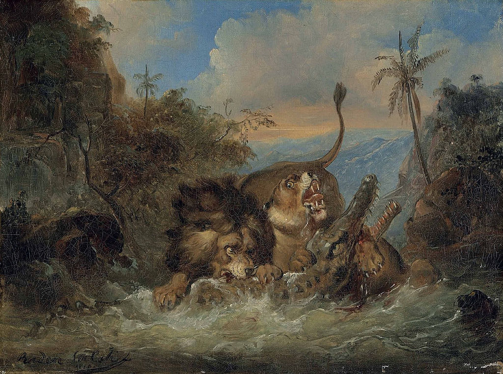 Раден Салех. Лев и львица, нападающие на крокодила. 1840