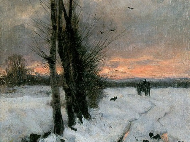 Антон Мауве. Зимний пейзаж на закате (фрагмент)