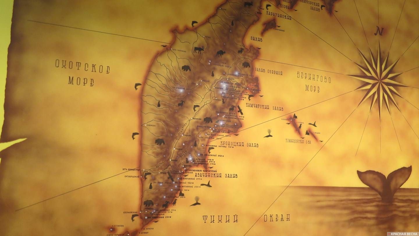 Карта полуострова Камчатка. Центр и юг.