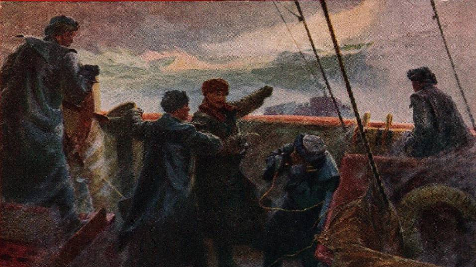 Игорь Рубан. Северный Ледовитый океан. На ледоколе в шторм (открытка) 1954