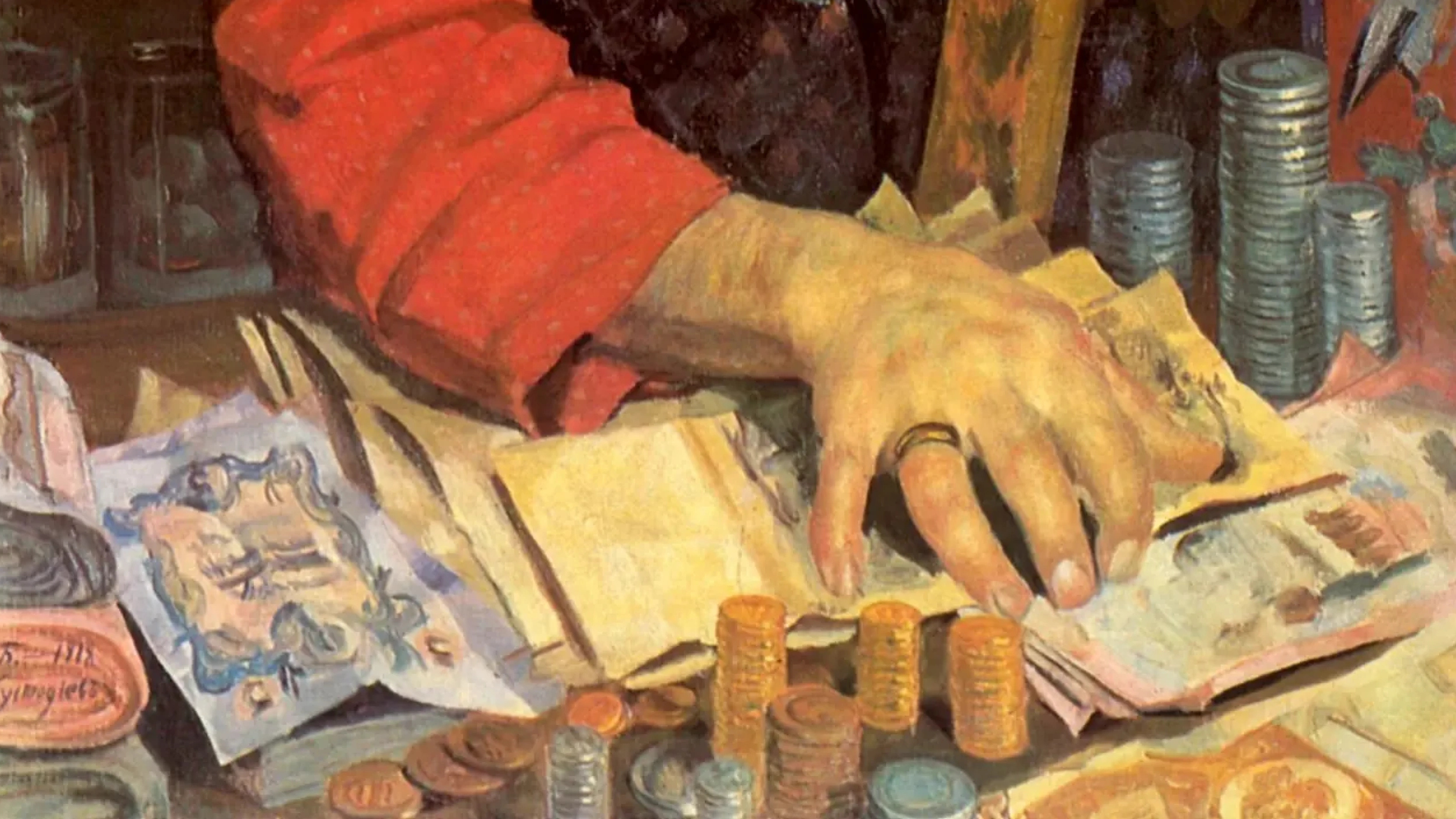 Кустодиев купец считающий деньги
