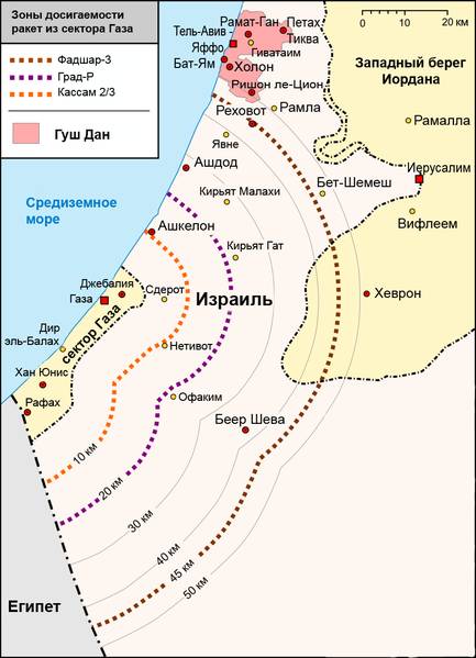 Дальность действия ракет, запущенных из Сектора Газа