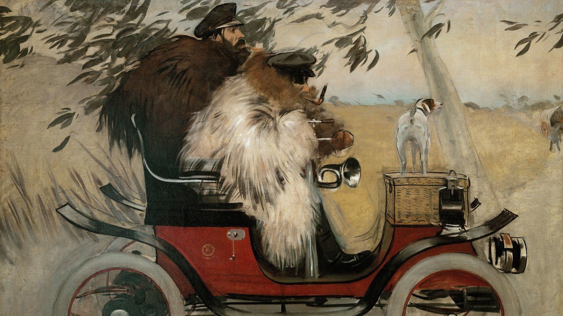 Рамон Касас. Рамон Касас и Пере Ромю в автомобиле (фрагмент). 1901