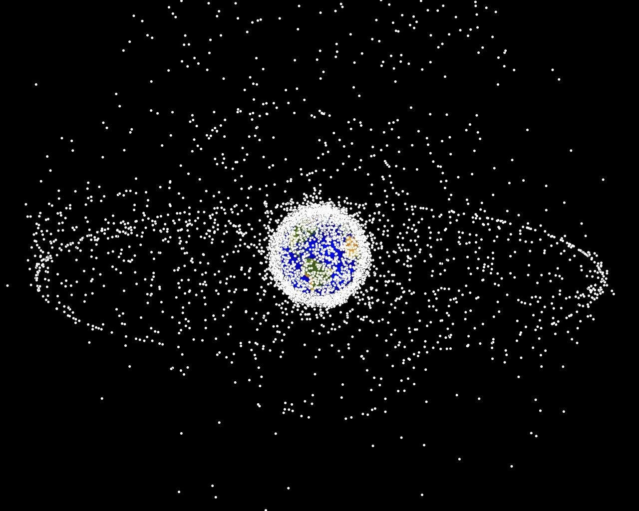 Компьютерная модель распределения космических объектов в околоземном пространстве, согласно описанию NASA 95 % из них являются мусором