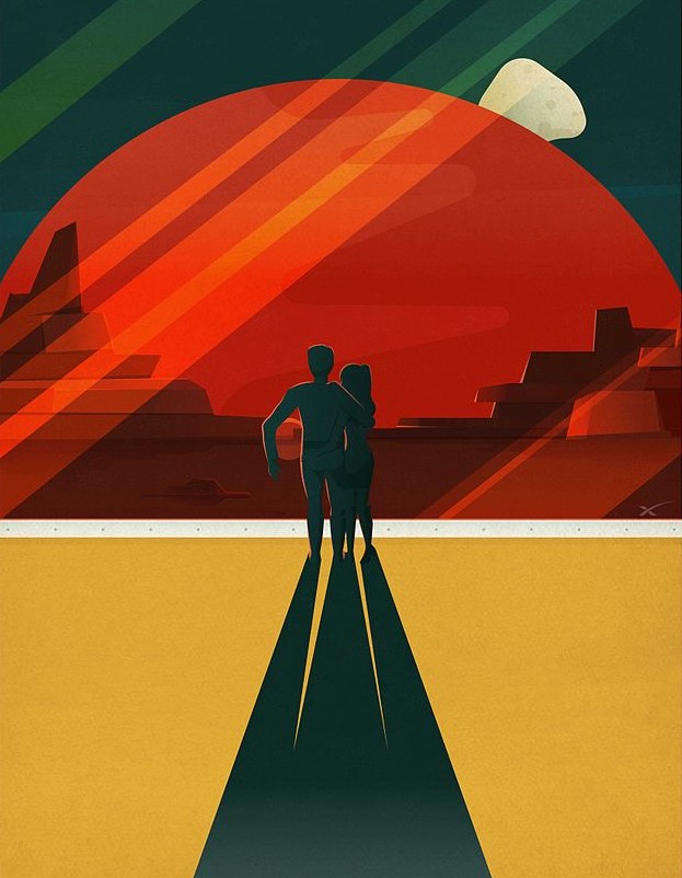 Вымышленный Марс туристический плакат по заказу SpaceX. Фобос и Деймос (фрагмент)