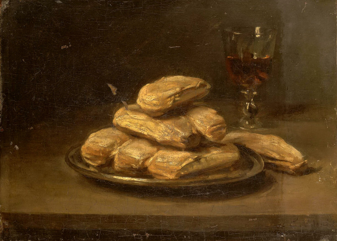 Эжен Виллен. Натюрморт: бисквиты и бокал вина. нач. 1860-х