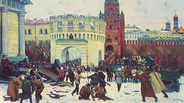 Константин Юон. Вступление в Кремль через Троицкие ворота 2(15) ноября 1917 года. 1929 г. Фрагмент