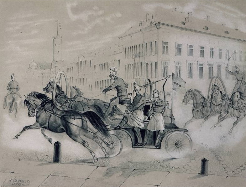 Н. Е. Сверчков. Пожарные в Петербурге днем. 1845