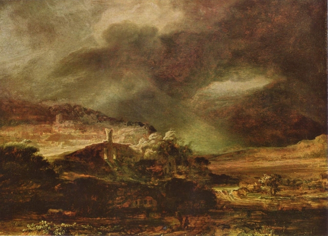 Рембрандт. Горный пейзаж с грозой. 1638