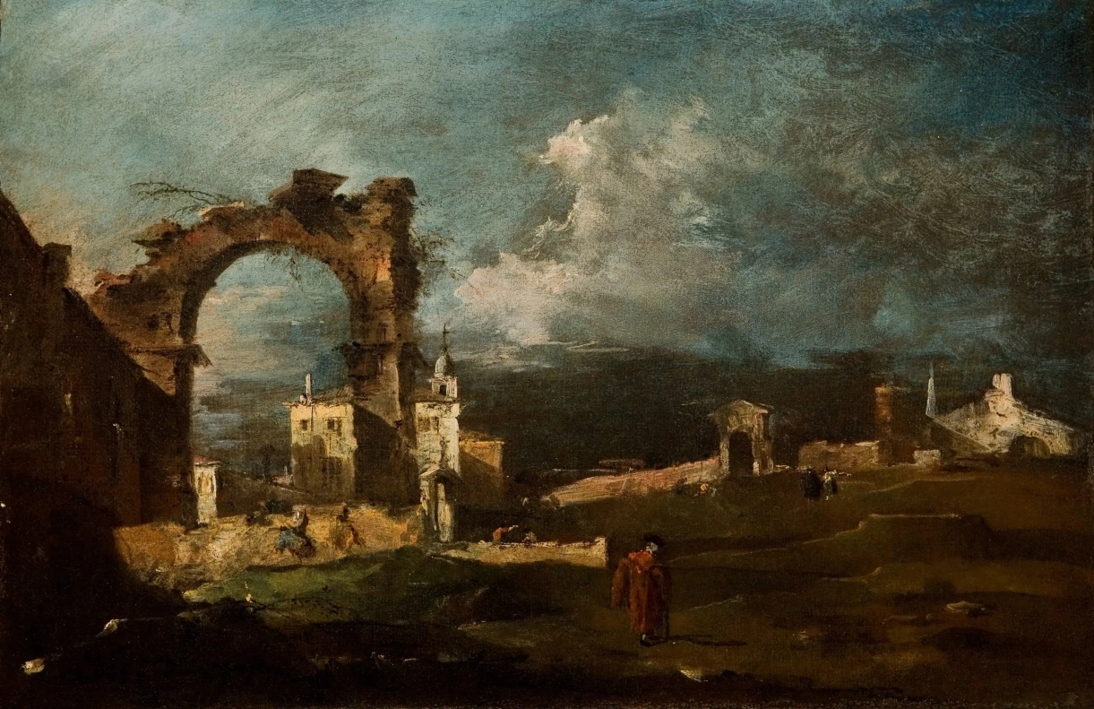 Фрвнческо Гварди. Каприччо с руинами арки и виллы на заднем плане. 1770