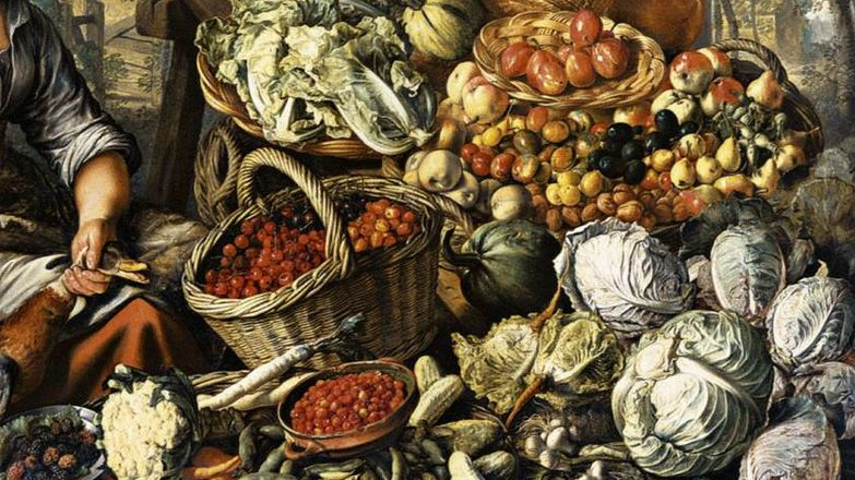 Иоахим Бейкелар. Продащица с фруктами, овощами и птицей (фрагмент). 1564