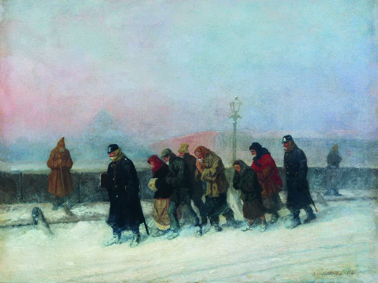 Леонид Соломаткин. Препровождение арестованных (фрагмент). 1881