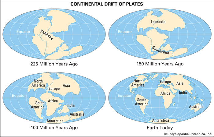 Расположение континентов Земли в разное время между 225 миллионами лет назад и по настоящее время