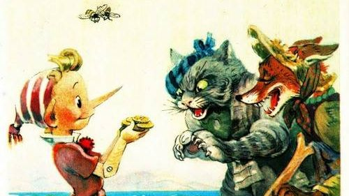 Буратино, лиса Алиса и кот Базилио. Иллюстрация Леонида Владимирского к книге «Золотой ключик, или Приключения Буратино» 1956 года