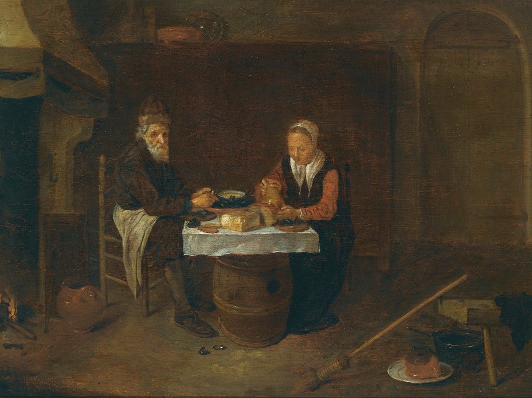 Квиринг Герритс ван Брекеленкам. Скромный интерьер с пожилой парой, поедающей мидии и хлеб за столом
