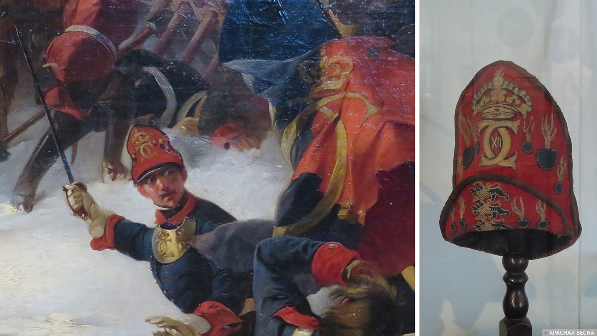 Шапка гренадерская нижних чинов (Швеция, начало 1700-х годов) на картине А.Е.Коцебу «Битва при Нарве» и на выставке «Петр Великий и русская армия»
