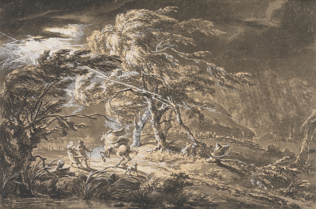 Джордж Баррет, Вспышка молнии, путешественники во время грозы на лесной дороге. XVIII век