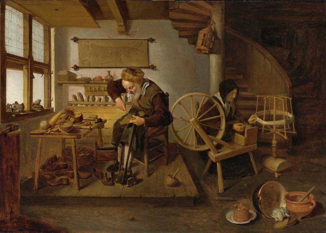 Квиринг Герритс ван Брекеленкам. Сапожник за работой. Его жена прядёт шерсть. 1653