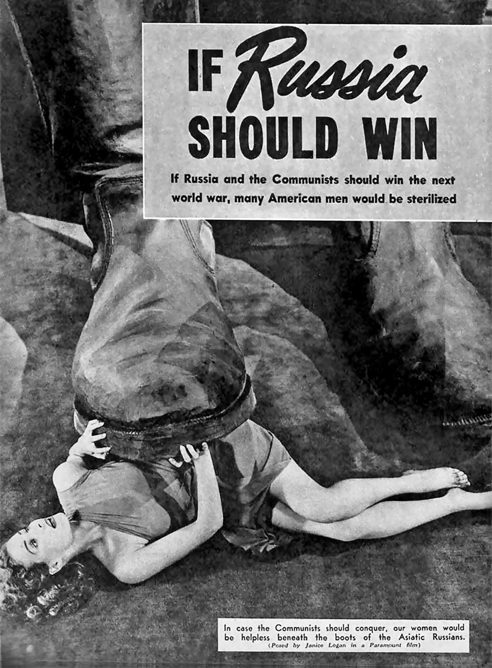 1953. Как всё изменилось! Доктрина сдерживания: «Наши женщины будут беззащитны под сапогом русских азиатов». Американский плакат времен холодной войны.
