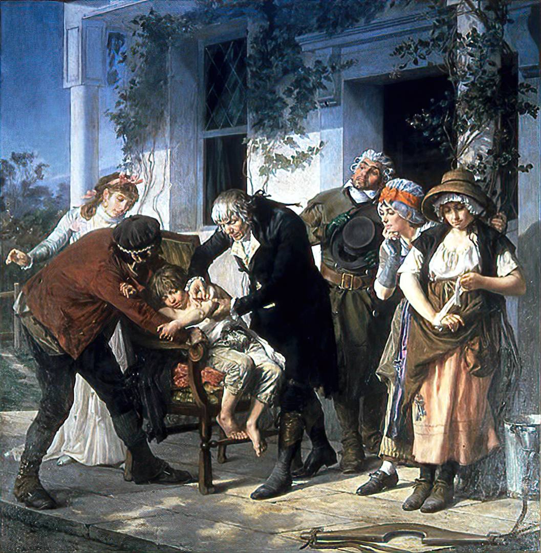 Гастон Мелинг. Доктор Эдвард Дженнер проводит первую вакцинацию от оспы в 1796 году. 1879