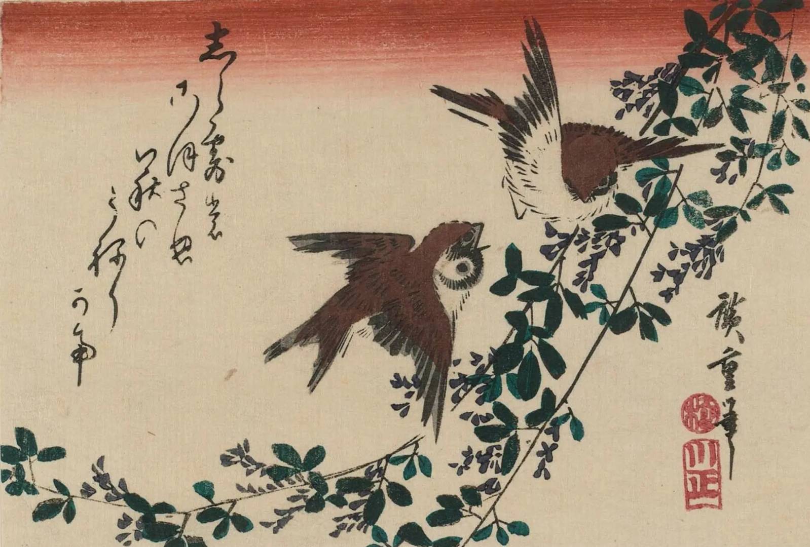 Утагава Хиросигэ. Два воробья спорят в кустах клевера. Серия «Птицы и цветы». 1835