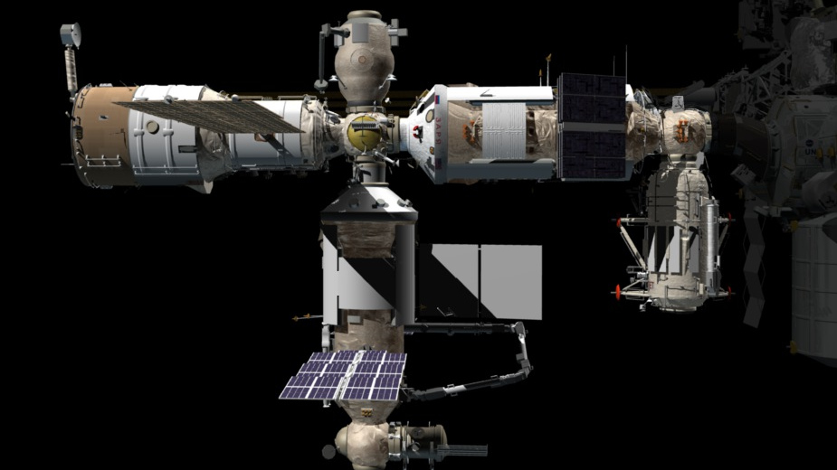 Компьютерное изображение внешнего вида Российского сегмента МКС после присоединения модуля «Наука»