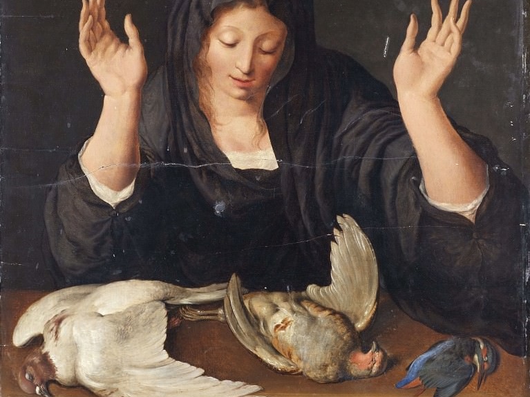 Якоб де Гейн. Молодая женщина, оплакивающая мёртвого голубя, куропатку и зимородка (фрагмент). Около 1620