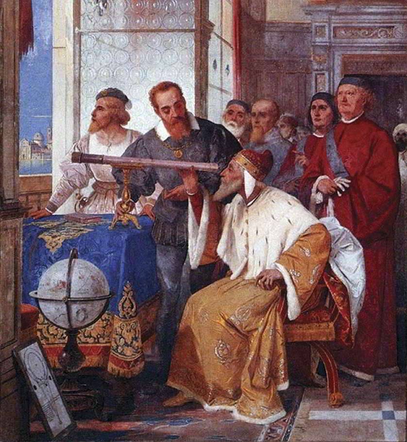 Фреска Дж. Бертини. Галилео Галилей демонстрирует Большому совету и венецианскоему дожу новое устройство — телескоп