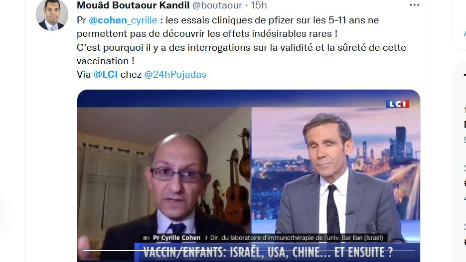 Скриншот страницы Twitter пользователя Mouâd Boutaour Kandil с фрагментом выступления профессора Сирила Коэна в передаче телеканала LCI.